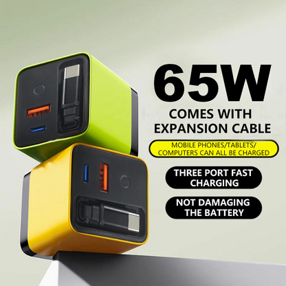 ⚡🔋 Carregador Rápido PD 65W com Cabo Tipo-C Retrátil – Energia instantânea sem fios bagunçados e perfeito para qualquer viagem