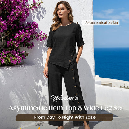 ⏰🔥LIMITED TIME 50% OFF! ✨ Women’s Irregular Hem Top & Wide-Leg Pants Two-Piece Set – Effortless Style & Chic Comfort 🌸💃