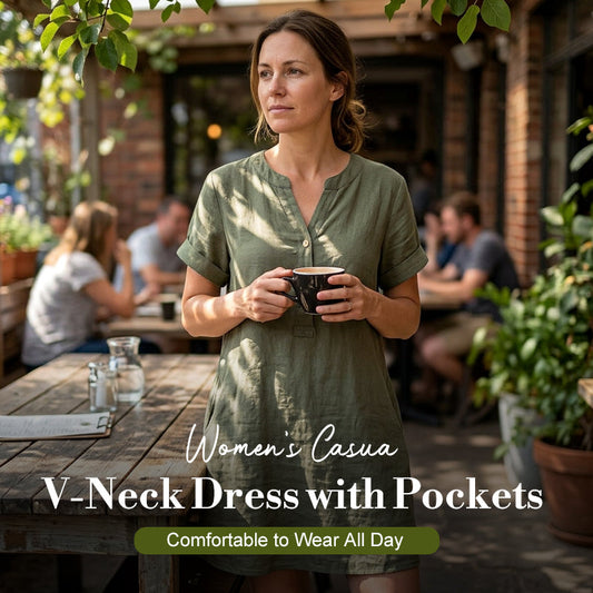 ✨👗 Vestido túnica feminino decote em V com bolsos confortável e respirável