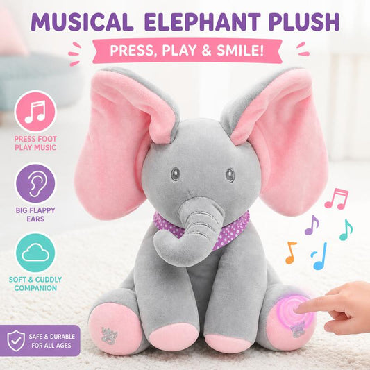 🐘 Elefante de Pelúcia Musical Peek-A-Boo – Brinquedo Interativo para Bebês