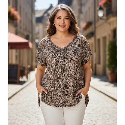 🐆✨ Blusa Feminina Estampa Leopardo com Decote V – Elegância, conforto e estilo para todos os dias