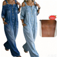 👗✨ Macacão feminino jeans de ombro à mostra com caimento largo que valoriza o corpo com estilo moderno