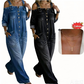👗✨ Macacão feminino jeans de ombro à mostra com caimento largo que valoriza o corpo com estilo moderno