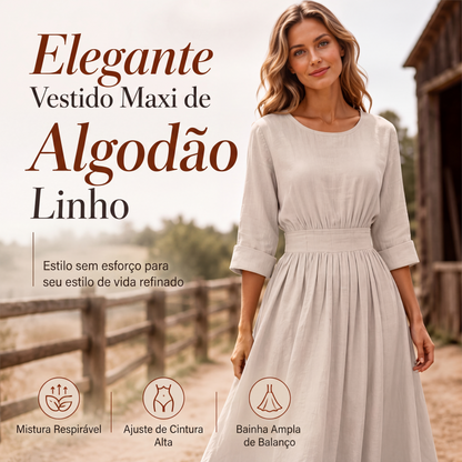 👗✨ Vestido Maxi Feminino de Algodão e Linho – Cintura Alta, Saia Fluida e Elegância Atemporal