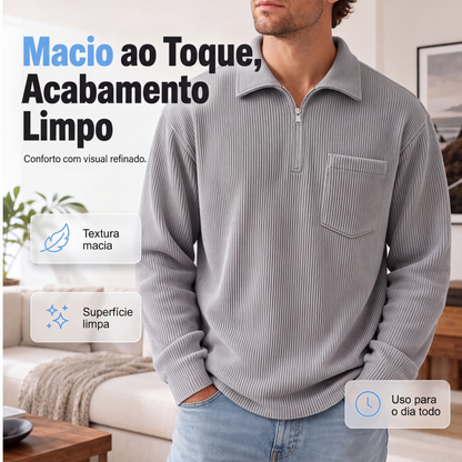 🔥👕 50% OFF! Suéter Masculino Canelado com Meio Zíper – Confortável, Elegante e Versátil