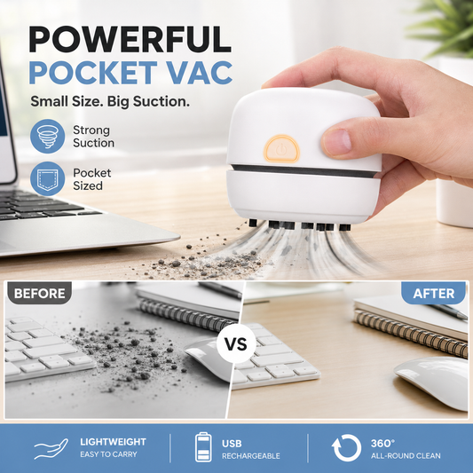 🧹✨ Mini Aspirador de Mesa Portátil – Limpeza Rápida Para Teclado, Escritório e Carro