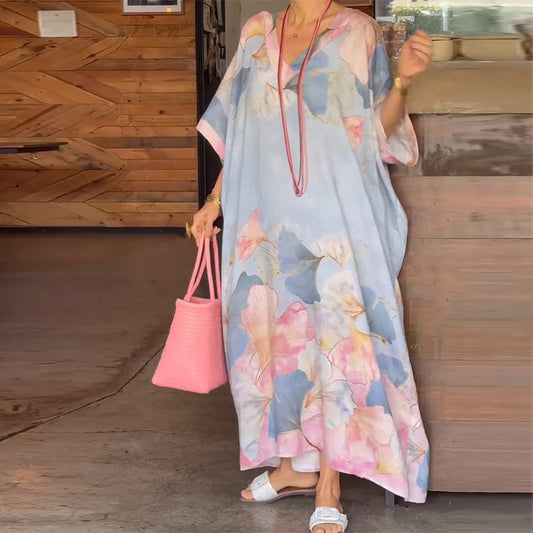 ⏰🔥LIMITED TIME 50% OFF! 🌸 Floral Print Loose Long Dress with Half Sleeves – Flowy, Breathable & Effortlessly Elegant ✨💃