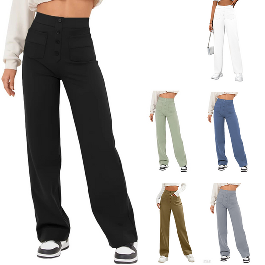 👖✨ Calça feminina cintura alta com perna larga – elegante, confortável e elástica