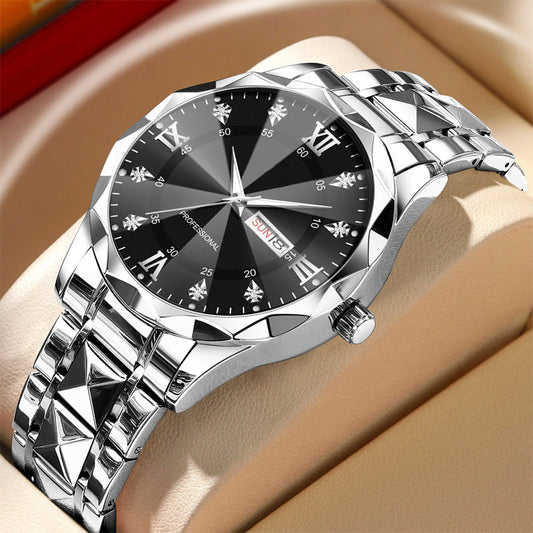 ⌚ Relógio Masculino de Quartzo Luxo – Design Diamante, Brilho Noturno e Estilo Sofisticado