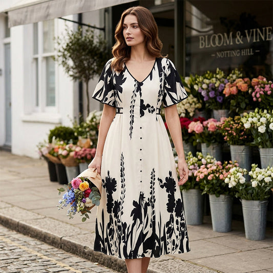 ⏰🔥LIMITED TIME 50% OFF! 👗 Soft Botanical Print V-Neck Midi Dress – Elegant, Lightweight & Perfect for Any Occasion 🌿🌸✨
