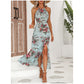 👗🌸 Vestido Floral Halter com Fenda Lateral – Elegância, Conforto e Caimento Perfeito para o Verão