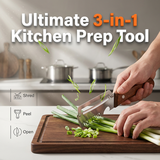 🌿🔪 Ferramenta 3 em 1 para Cozinha – Corte Cebolinha, Descasque e Abra Garrafas com Facilidade