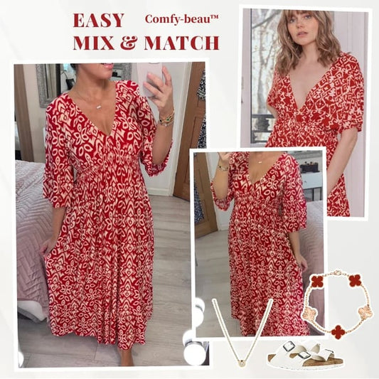 ⏰🔥LIMITED TIME 50% OFF! 🌸 Bohemian Casual Print V-Neck Shirred Waist Long Dress – Flowy, Comfortable & Effortlessly Chic ✨💃