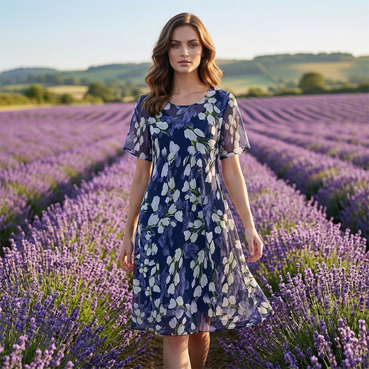⏰🔥LIMITED TIME 50% OFF! 💎 Short-Sleeved A-Line Evening Dress – Elegant Floral Print, Double-Layer Chiffon & Flattering Knee-Length Cut 👗💙✨
