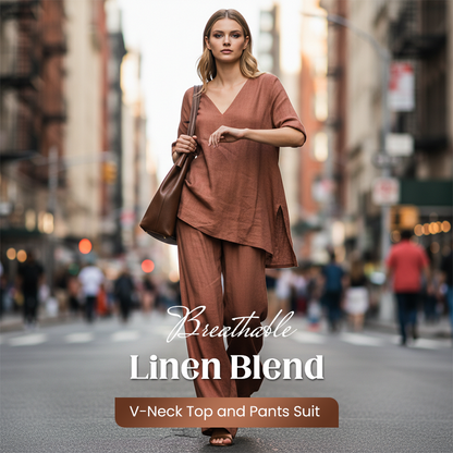 ⏰🔥LIMITED TIME 50% OFF! 🌿 Breathable Linen Blend V-Neck Top & Pants Set – Lightweight, Comfy & Effortlessly Stylish ✨💃