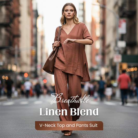⏰🔥LIMITED TIME 50% OFF! 🌿 Breathable Linen Blend V-Neck Top & Pants Set – Lightweight, Comfy & Effortlessly Stylish ✨💃