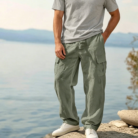 👖 DESCONTO DE 50% POR TEMPO LIMITADO! ✨ Calças cargo de algodão e linho para homem com cordão na cintura – respiráveis, corte descontraído, vários bolsos 🏔️