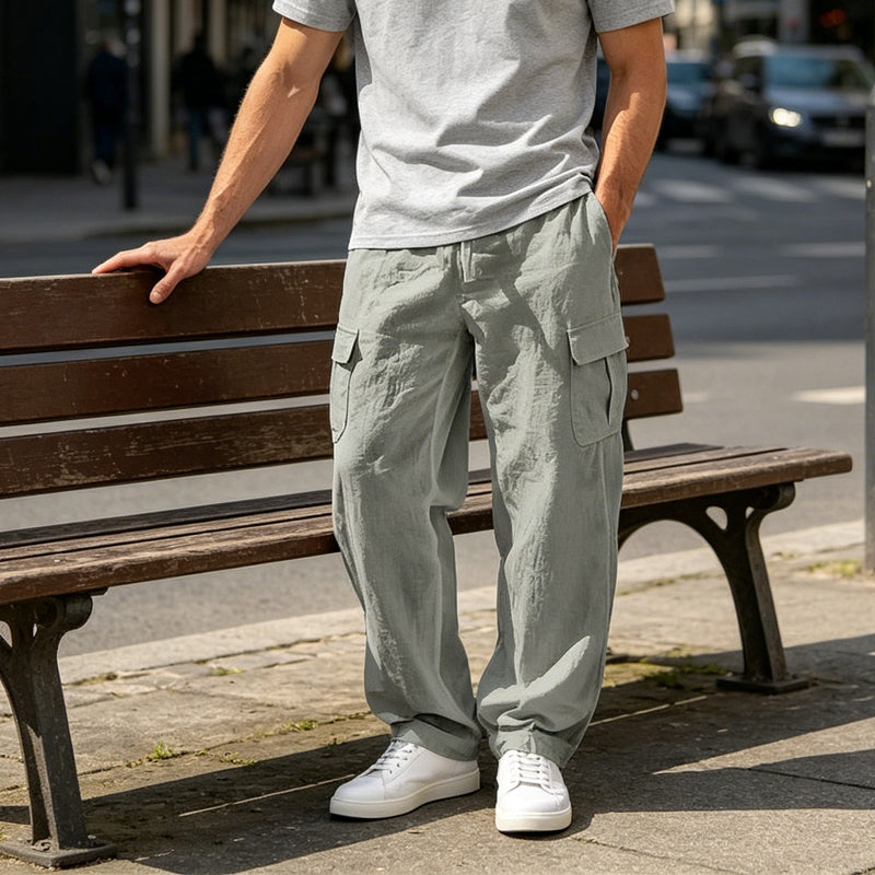 👖 DESCONTO DE 50% POR TEMPO LIMITADO! ✨ Calças cargo de algodão e linho para homem com cordão na cintura – respiráveis, corte descontraído, vários bolsos 🏔️