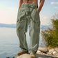 👖 DESCONTO DE 50% POR TEMPO LIMITADO! ✨ Calças cargo de algodão e linho para homem com cordão na cintura – respiráveis, corte descontraído, vários bolsos 🏔️