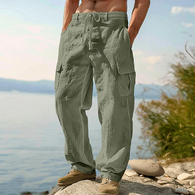 👖 DESCONTO DE 50% POR TEMPO LIMITADO! ✨ Calças cargo de algodão e linho para homem com cordão na cintura – respiráveis, corte descontraído, vários bolsos 🏔️