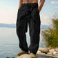 👖 DESCONTO DE 50% POR TEMPO LIMITADO! ✨ Calças cargo de algodão e linho para homem com cordão na cintura – respiráveis, corte descontraído, vários bolsos 🏔️