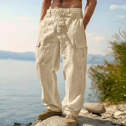 👖 DESCONTO DE 50% POR TEMPO LIMITADO! ✨ Calças cargo de algodão e linho para homem com cordão na cintura – respiráveis, corte descontraído, vários bolsos 🏔️
