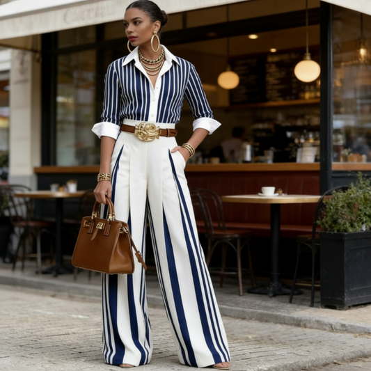 👗✨ Conjunto Feminino 2 Peças Listrado – Camisa e Calça Pantalona Elegante e Sofisticado