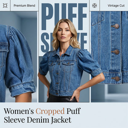 ⏰🔥50% OFF NOW! 🧥 Women’s Puff Short Sleeve Cropped Denim Jacket – Vintage Hardware & Flattering Waistline Cut 🌟✨