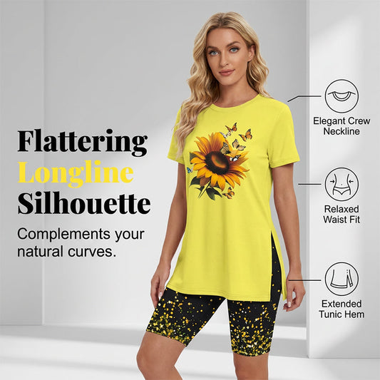 🌈✨ PROMOÇÃO RELÂMPAGO 50% DE DESCONTO! 👚 Conjunto feminino de túnica e shorts estampados – Modelagem solta, fenda lateral e estampas vibrantes por toda a peça 🩳