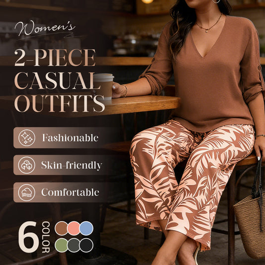 👗✨ Conjunto Feminino Elegante 2 Peças – Blusa com Decote em V + Calça Pantalona Estampada
