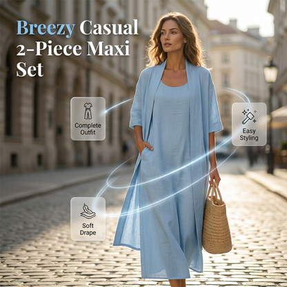 👗✨ Conjunto feminino de vestido maxi com cardigan leve que combina elegância e conforto diário
