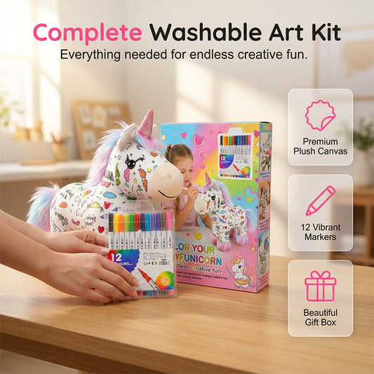 🦄 Unicórnio de pelúcia para colorir e lavar – brinquedo criativo reutilizável para crianças