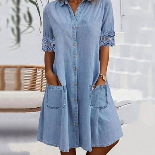 👗✨ Vestido jeans feminino casual com bolsos e caimento solto confortável para o dia a dia