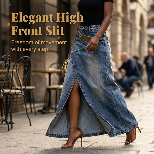 ✨👗 Saia maxi jeans assimétrica com fenda – estilo moderno e elegante