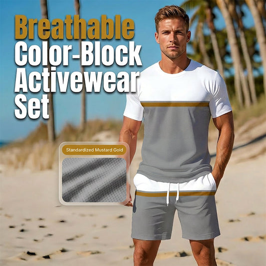 🏖️👕 Conjunto desportivo de verão para homem com blocos de cor – Conjunto de 2 peças composto por uma t-shirt desportiva respirável e calções com cordã