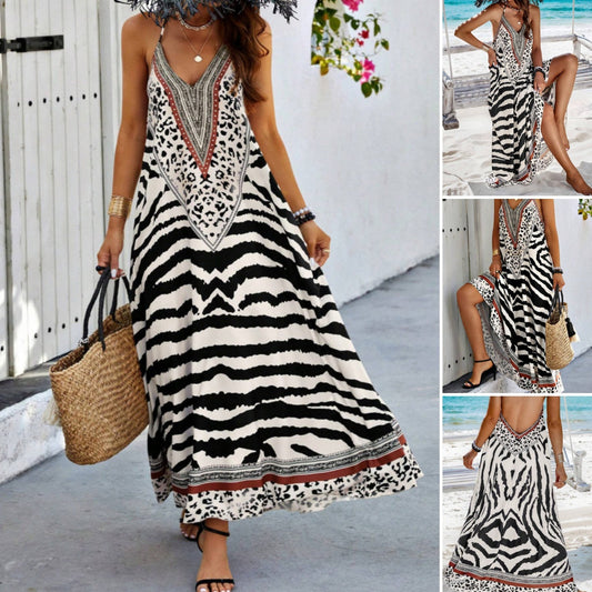✨🐆 Vestido boêmio longo com estampa selvagem zebra e leopardo elegante e impactante