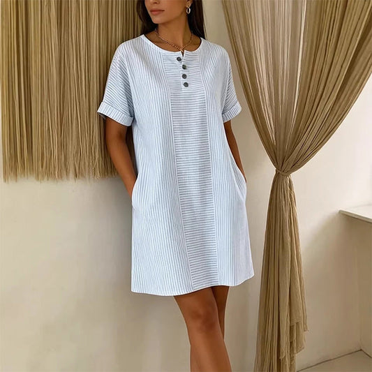 ✨👗 Vestido listrado feminino leve e elegante com bolsos para conforto diário