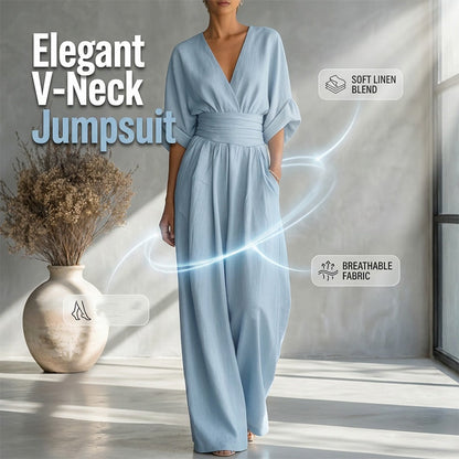 👗✨ Macacão feminino elegante com decote em V e cintura marcada que valoriza a silhueta