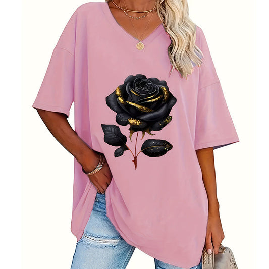 👚 Camiseta Feminina Plus Size com Estampa de Rosas – Elegância, Conforto e Caimento Perfeito