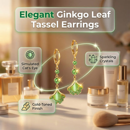 🍃✨ Brincos folha de ginkgo com pedras verdes – elegância natural e sofisticada
