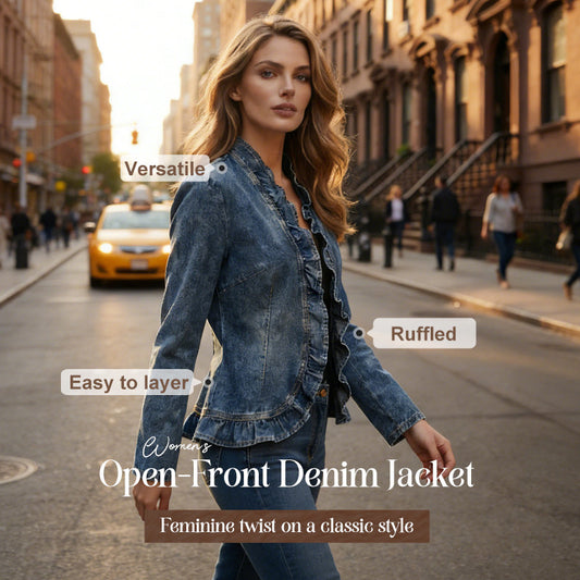 ✨👖 Jaqueta Jeans Feminina com Babados – Estilo Elegante, Leve e Perfeito Para Qualquer Ocasião