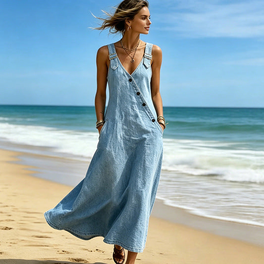 ✨👗 Vestido jeans maxi feminino elegante – conforto, estilo e caimento perfeito