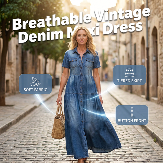 ✨👗 Vestido maxi jeans vintage feminino – elegante, confortável e versátil