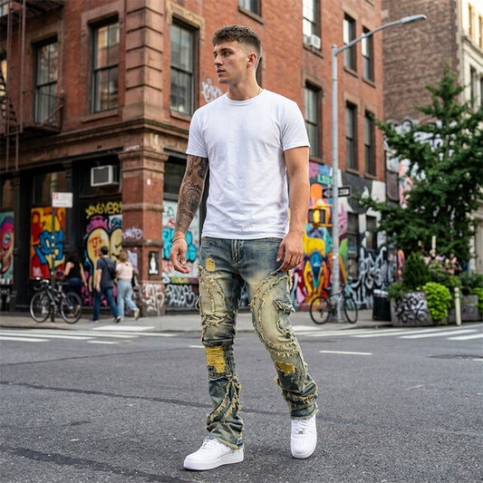 👖 Calça Jeans Masculina Flare Destroyed – Estilo Urbano, Conforto e Design Moderno com Franjas