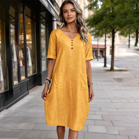 🌞👗 Vestido de Verão Feminino com Decote em V e Bolsos – Leve, Solto e Respirável para Máximo Conforto nas Férias