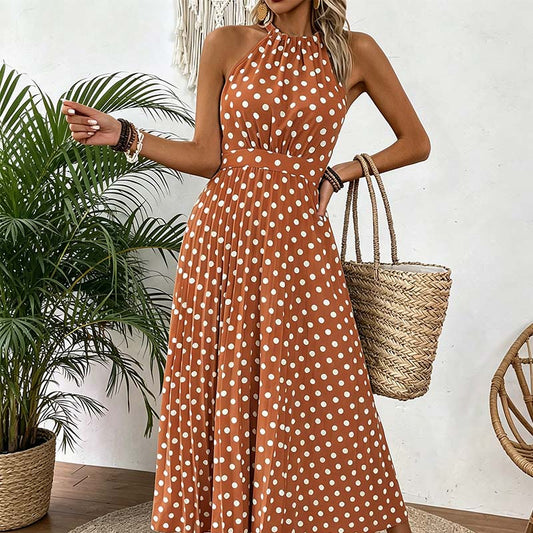 👗✨ Vestido Feminino de Bolinhas com Decote Halter – Elegante, Leve e Atemporal
