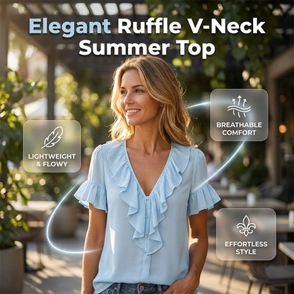 👚✨ Blusa feminina com decote em V e babados – leve, elegante e respirável