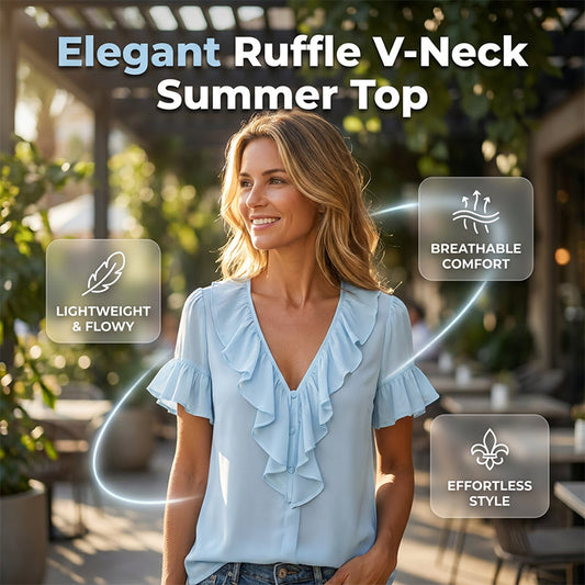 👚✨ Blusa feminina com decote em V e babados – leve, elegante e respirável