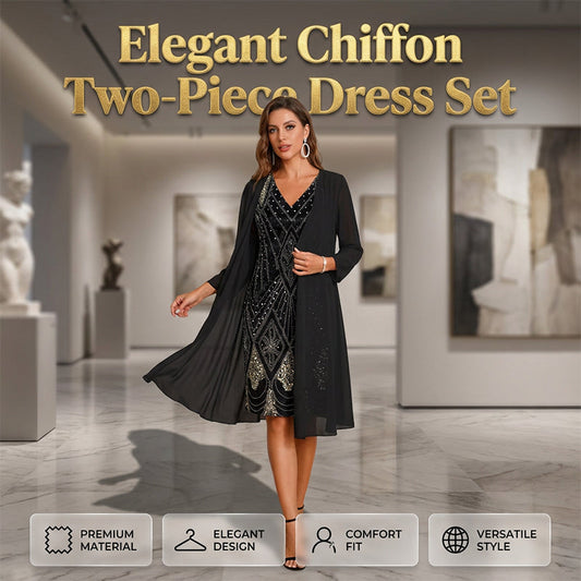 💃✨ Conjunto Elegante de Vestido de Chiffon 2 Peças – Vestido + Cardigã Fluido para Eventos e Ocasiões Especiais