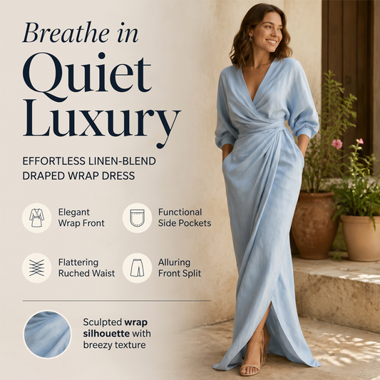 👗✨ Vestido Longo Feminino com Decote em V e Amarração – Elegância e Caimento Perfeito